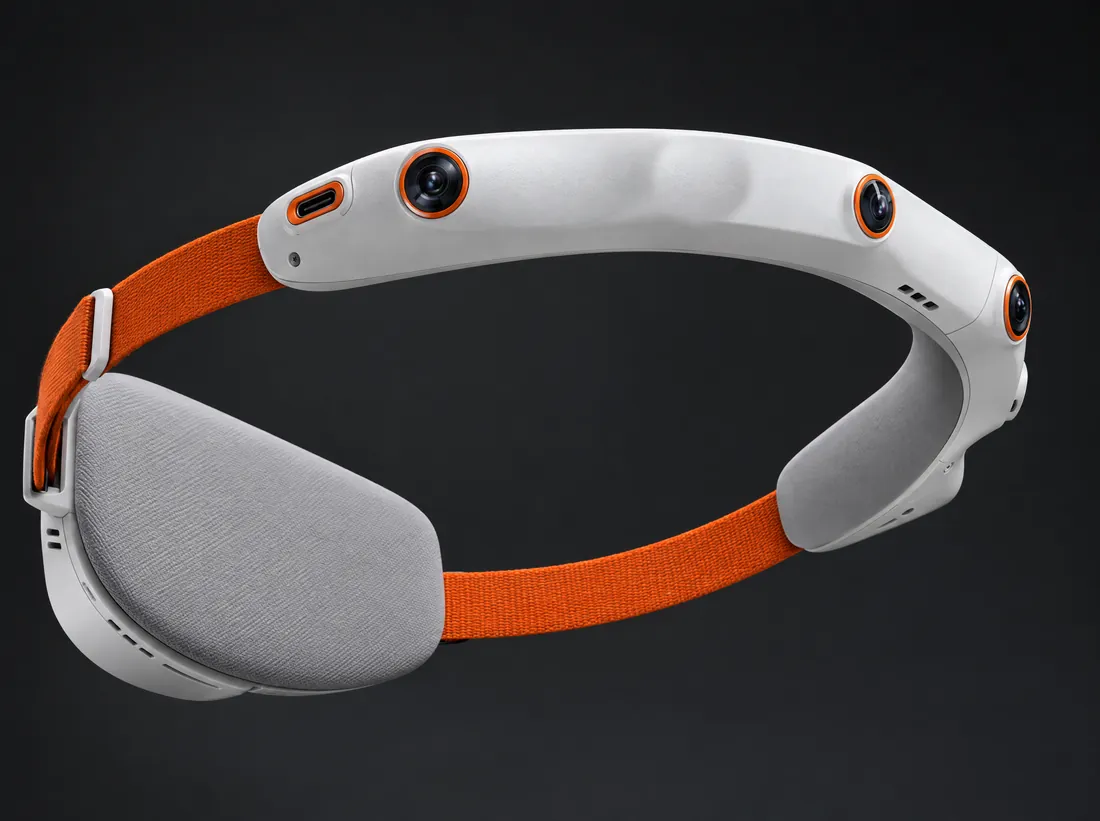 Four-camera egocentric capture headset in white and orange