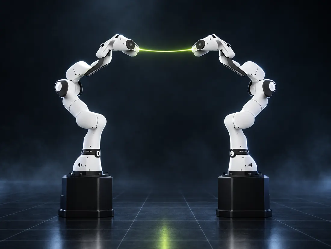 Render of two Franka arms linked in bilateral teleoperation