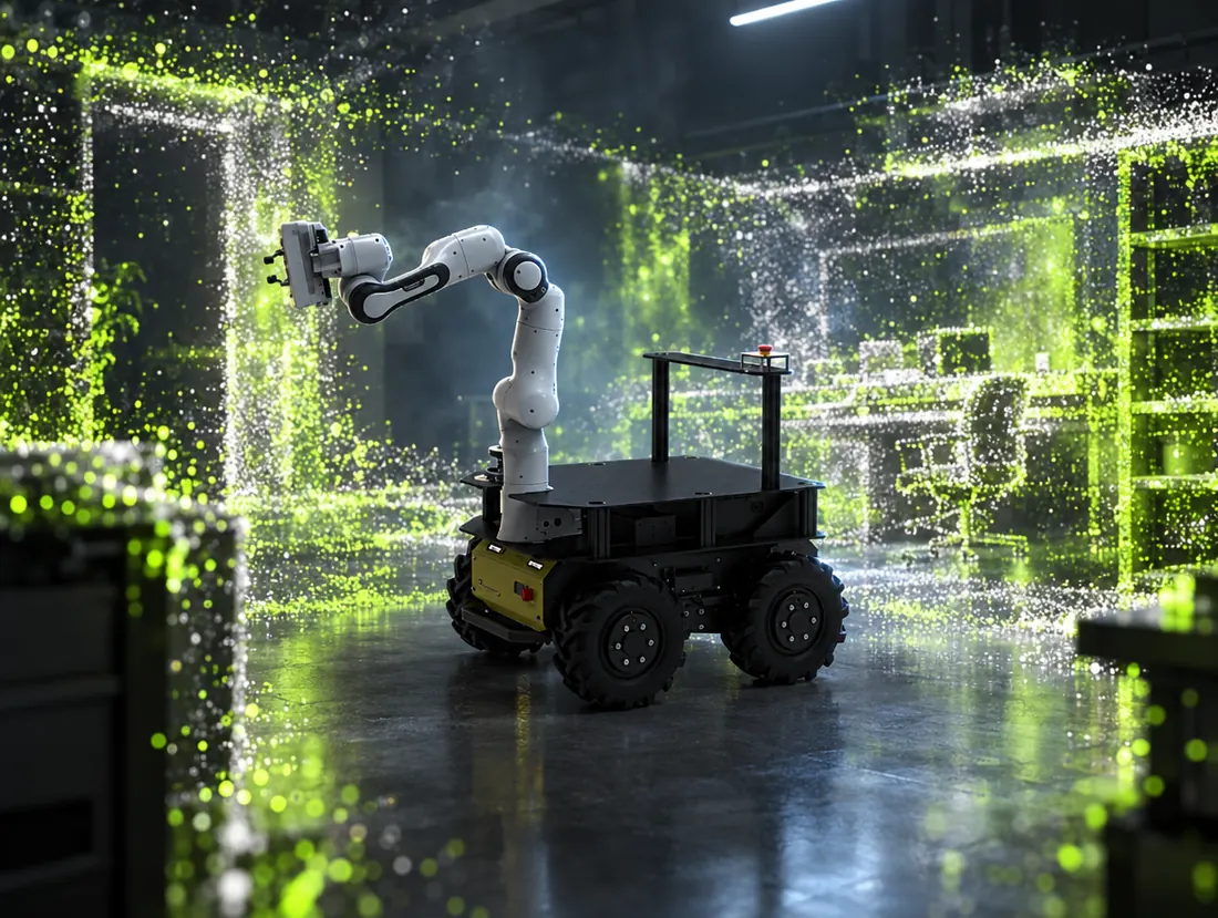 Render of a Franka arm on a mobile base with a Gaussian-splat scene reconstruction