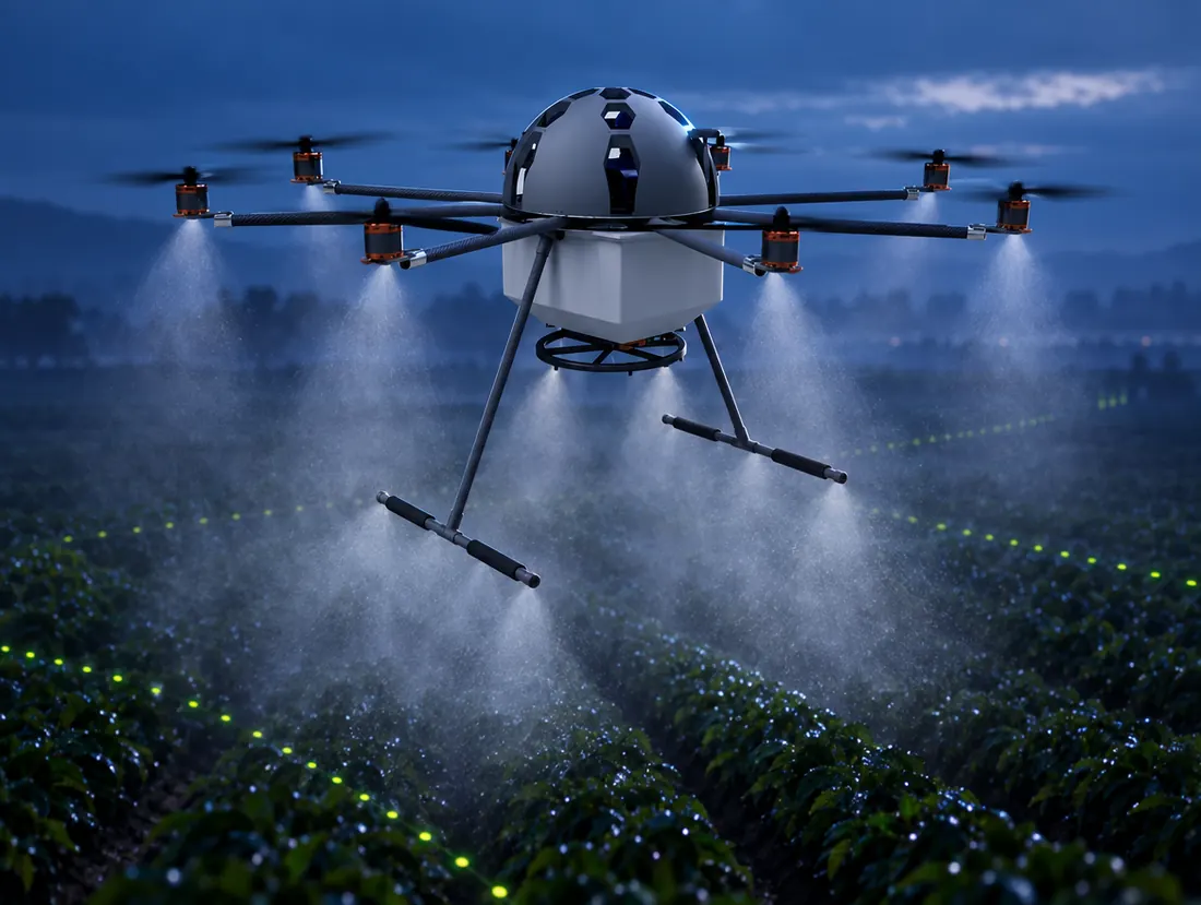 Render of the agricultural octocopter spraying a field
